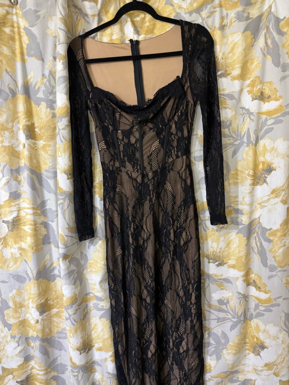 Black Lace Long Sleeve Sheer Dress
